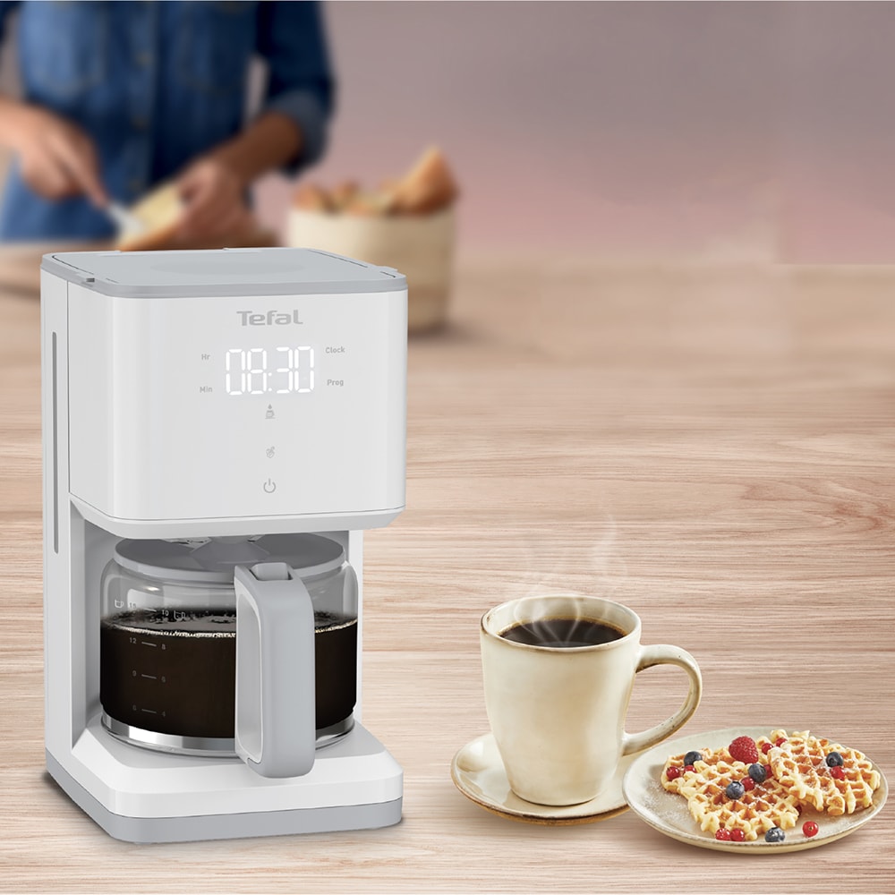 Cafetiera TEFAL Sense CM693110, 1.25l, 1000W, 15 cesti, ecran digital, alb-gri