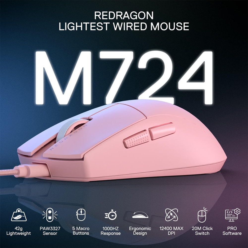 Mouse Gaming REDRAGON K1ng, 12400 dpi, roz