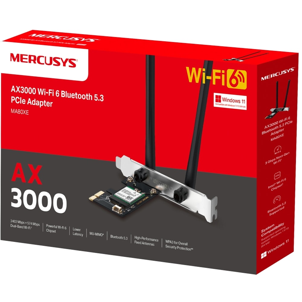 Placa de retea Wireless MERCUSYS MA80XE v2 AX3000, Dual Band 574 + 2402 Mbps