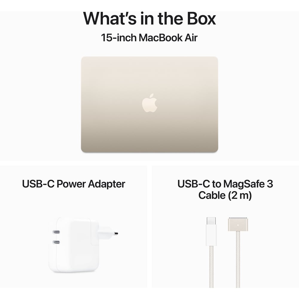 Laptop APPLE MacBook Air 15 mryr3ro/a, Apple M3, 15.3" Retina Display, 8GB, SSD 256GB, 10-core GPU, macOS Sonoma, Starlight, Tastatura layout INT