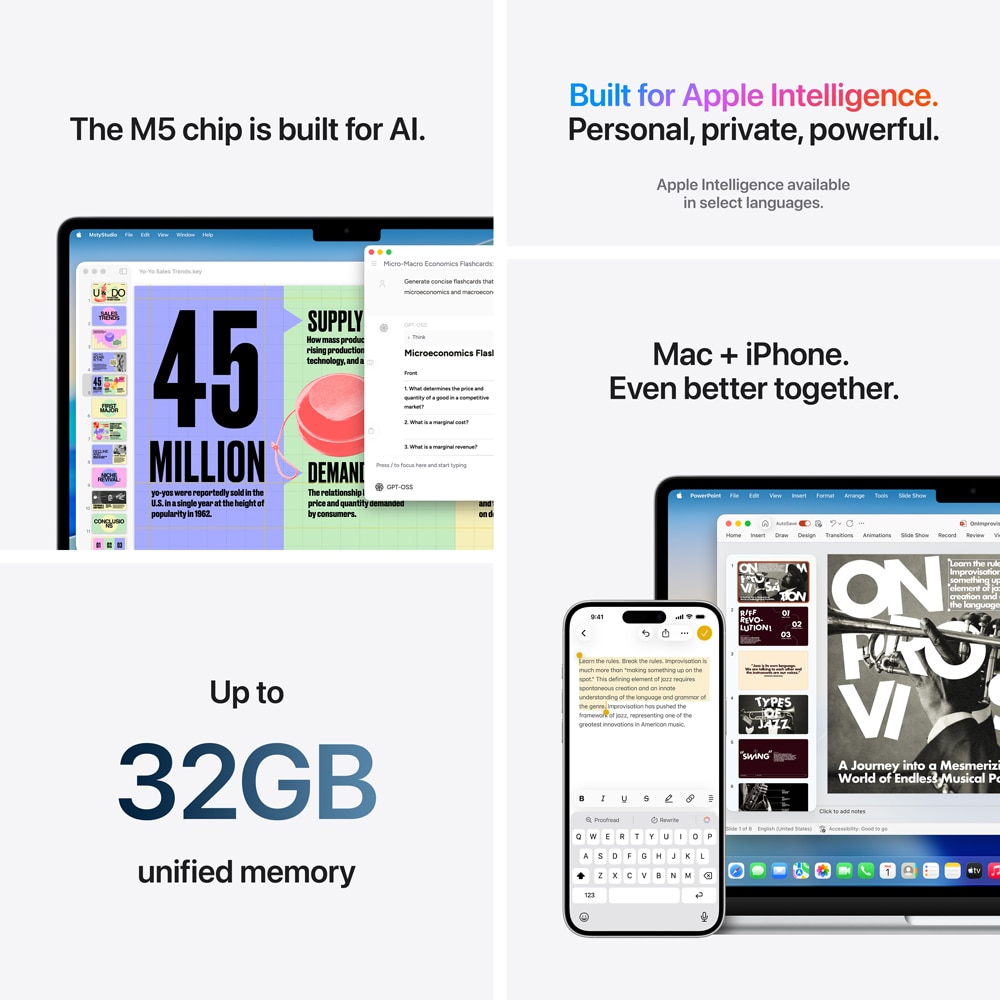 Laptop APPLE MacBook Air 15 mdvc4ro/a, Apple M5 10-core CPU, 15.3" Retina Display, 24GB, SSD 1TB, 10-core GPU, macOS Sequoia, Silver, Tastatura layout INT