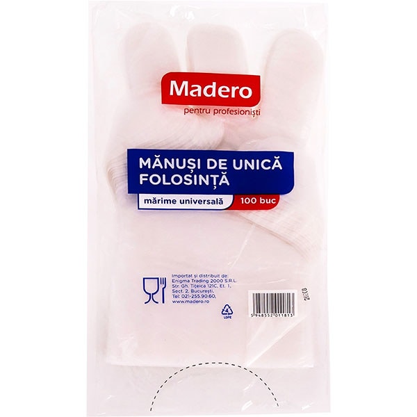 Manusi de unica folosinta MADERO 11813, polietilena, marime universala, 100 buc