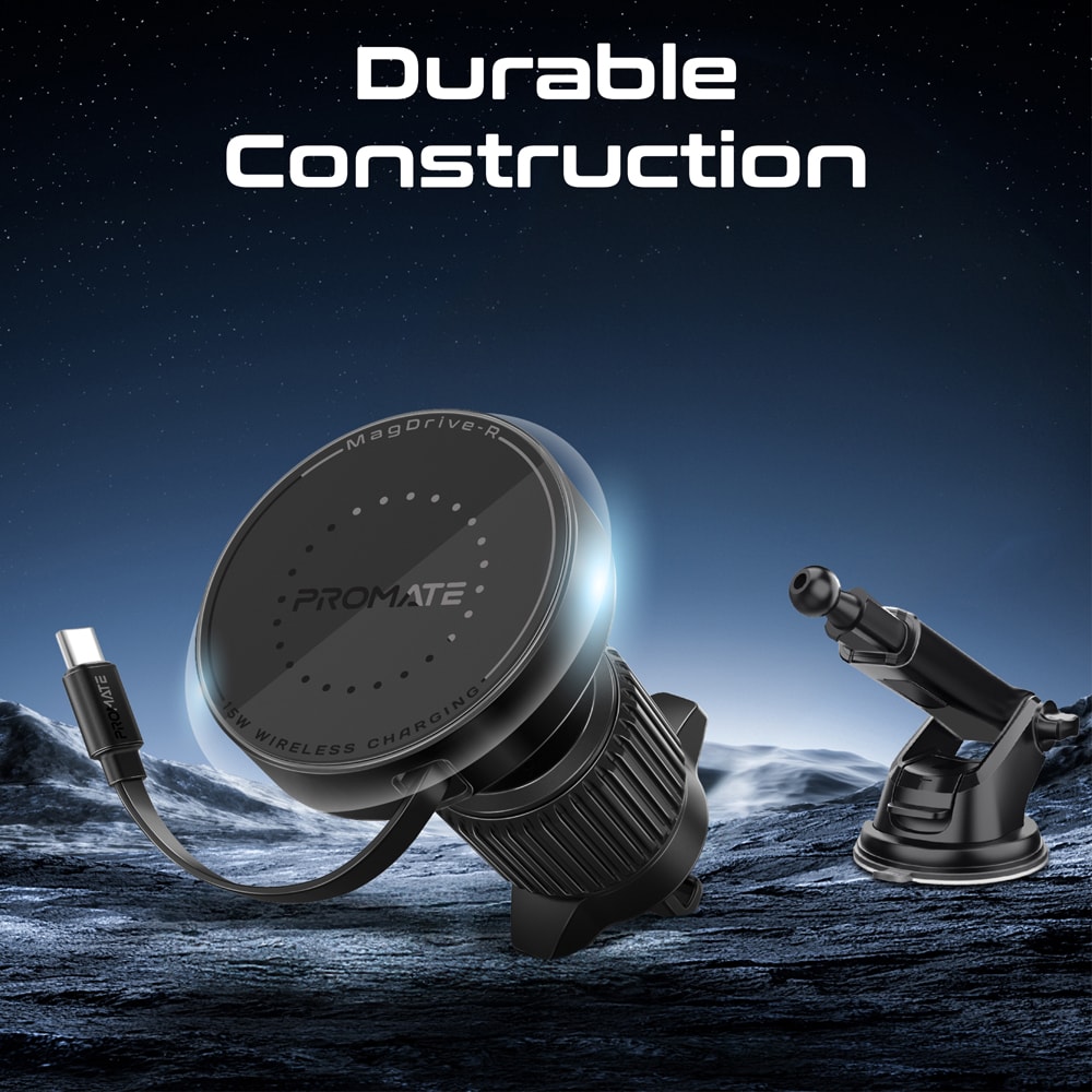 Suport auto cu incarcare wireless PROMATE MagDrive-R, parbriz/ventilatie, MagSafe 15W, negru