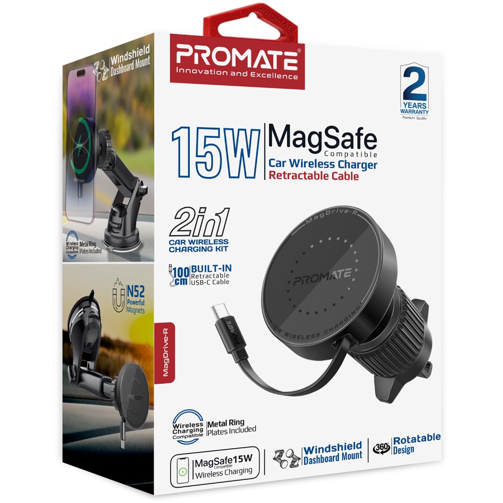 Suport auto cu incarcare wireless PROMATE MagDrive-R, parbriz/ventilatie, MagSafe 15W, negru