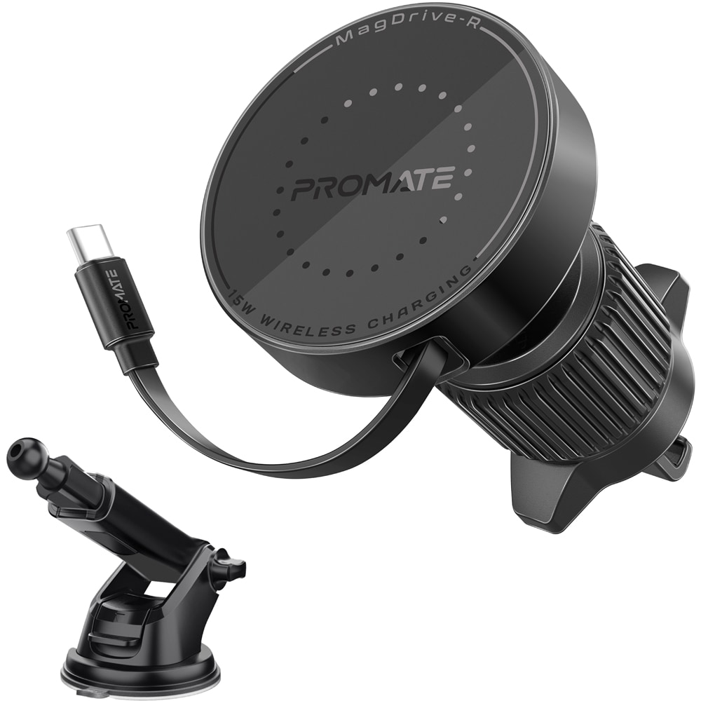 Suport auto cu incarcare wireless PROMATE MagDrive-R, parbriz/ventilatie, MagSafe 15W, negru