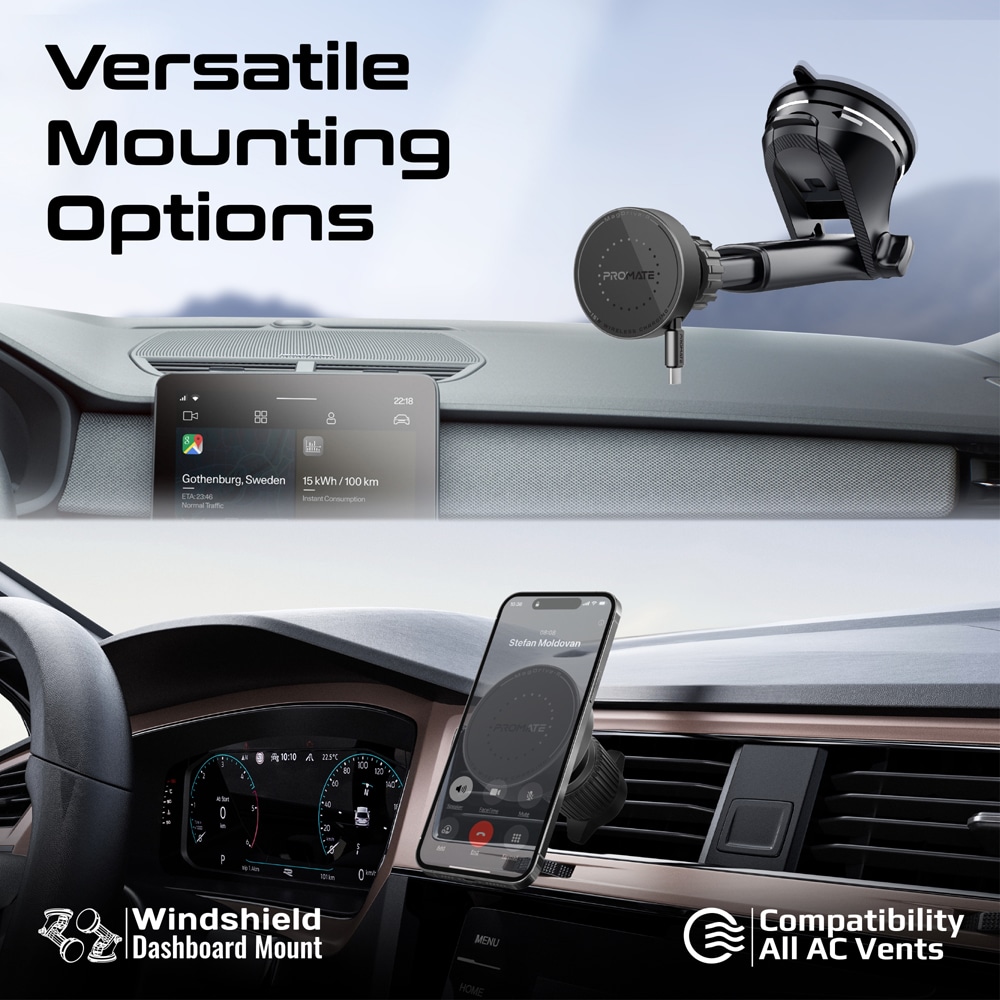 Suport auto cu incarcare wireless PROMATE MagDrive-R, parbriz/ventilatie, MagSafe 15W, negru