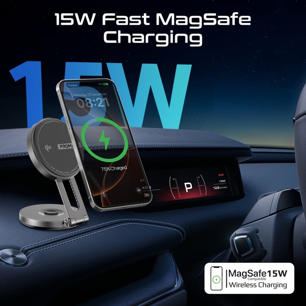 Suport auto cu incarcare wireless PROMATE MagMate-1, bord/ecran LCD, MagSafe 15W, negru