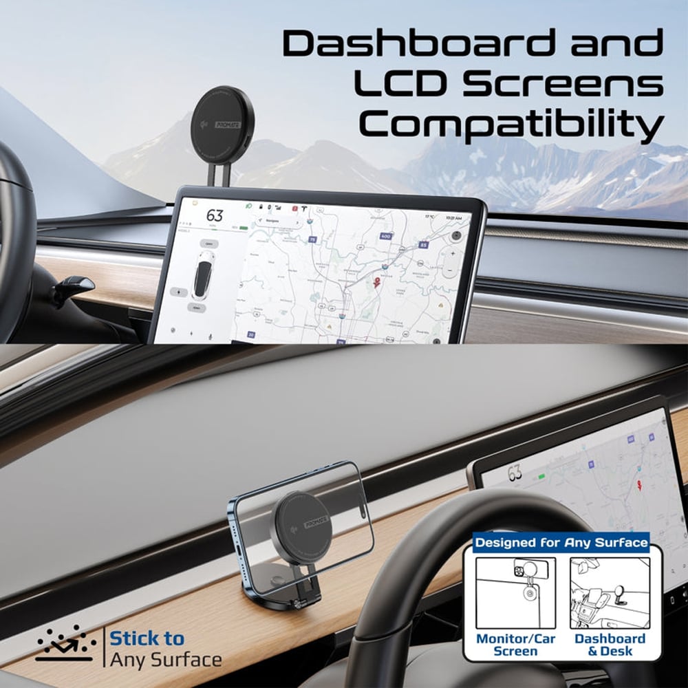 Suport auto cu incarcare wireless PROMATE MagMate-1, bord/ecran LCD, MagSafe 15W, negru