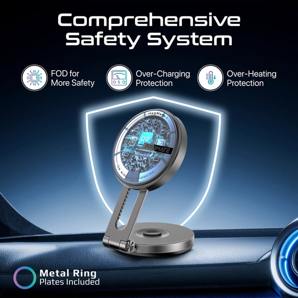 Suport auto cu incarcare wireless PROMATE MagMate-1, bord/ecran LCD, MagSafe 15W, negru