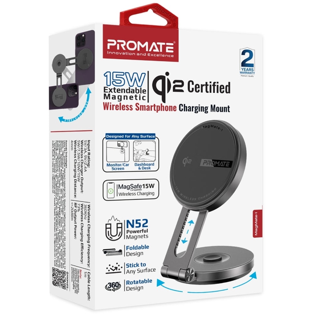 Suport auto cu incarcare wireless PROMATE MagMate-1, bord/ecran LCD, MagSafe 15W, negru