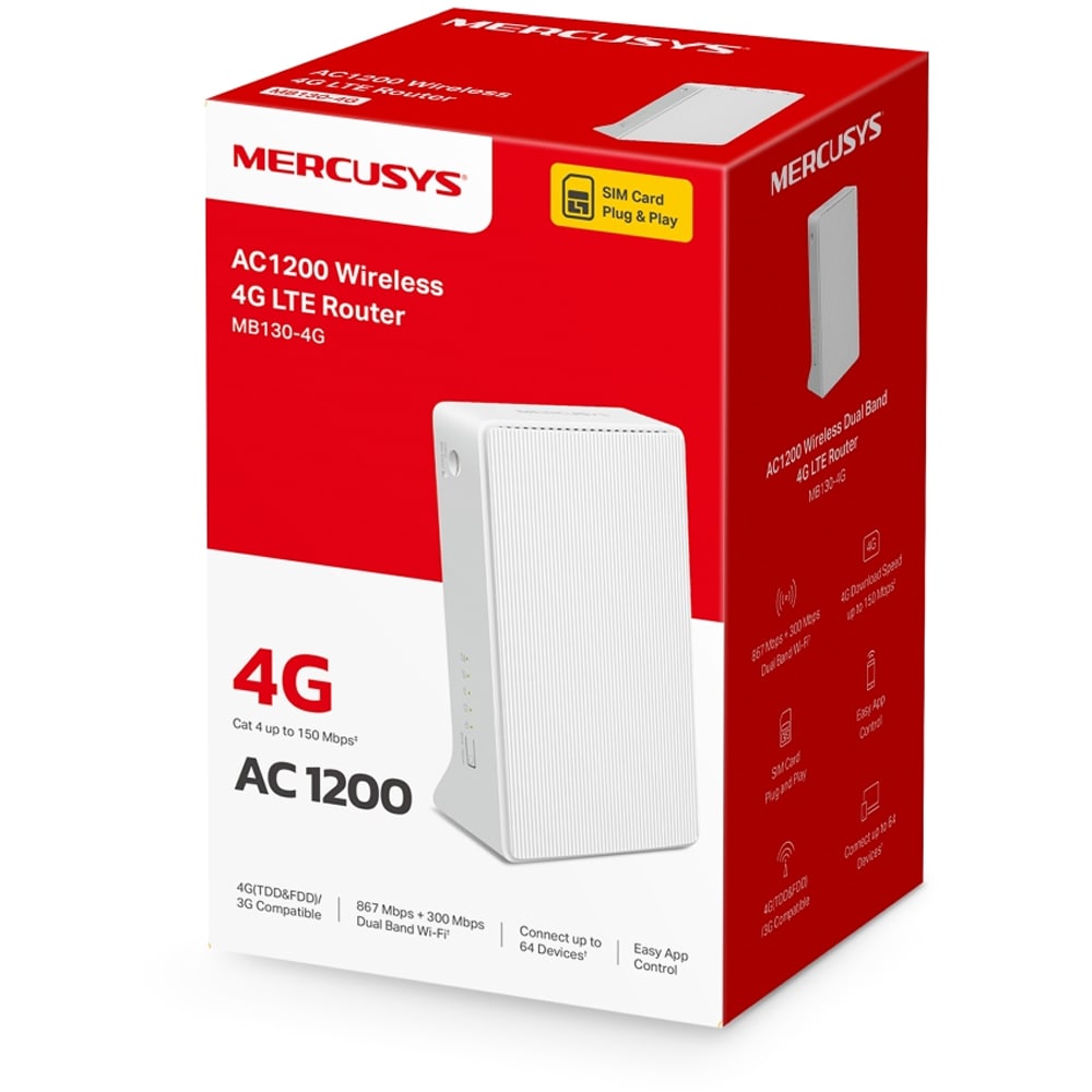 Router Wireless MERCUSYS MB130-4G, Dual Band 300 + 867 Mbps, 4G, alb