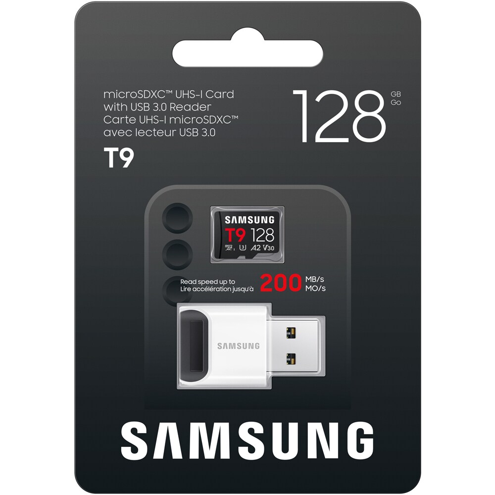 Card de memorie SAMSUNG T9, microSDXC,128GB, 200MB/s, clasa U3, V30, A2, adaptor