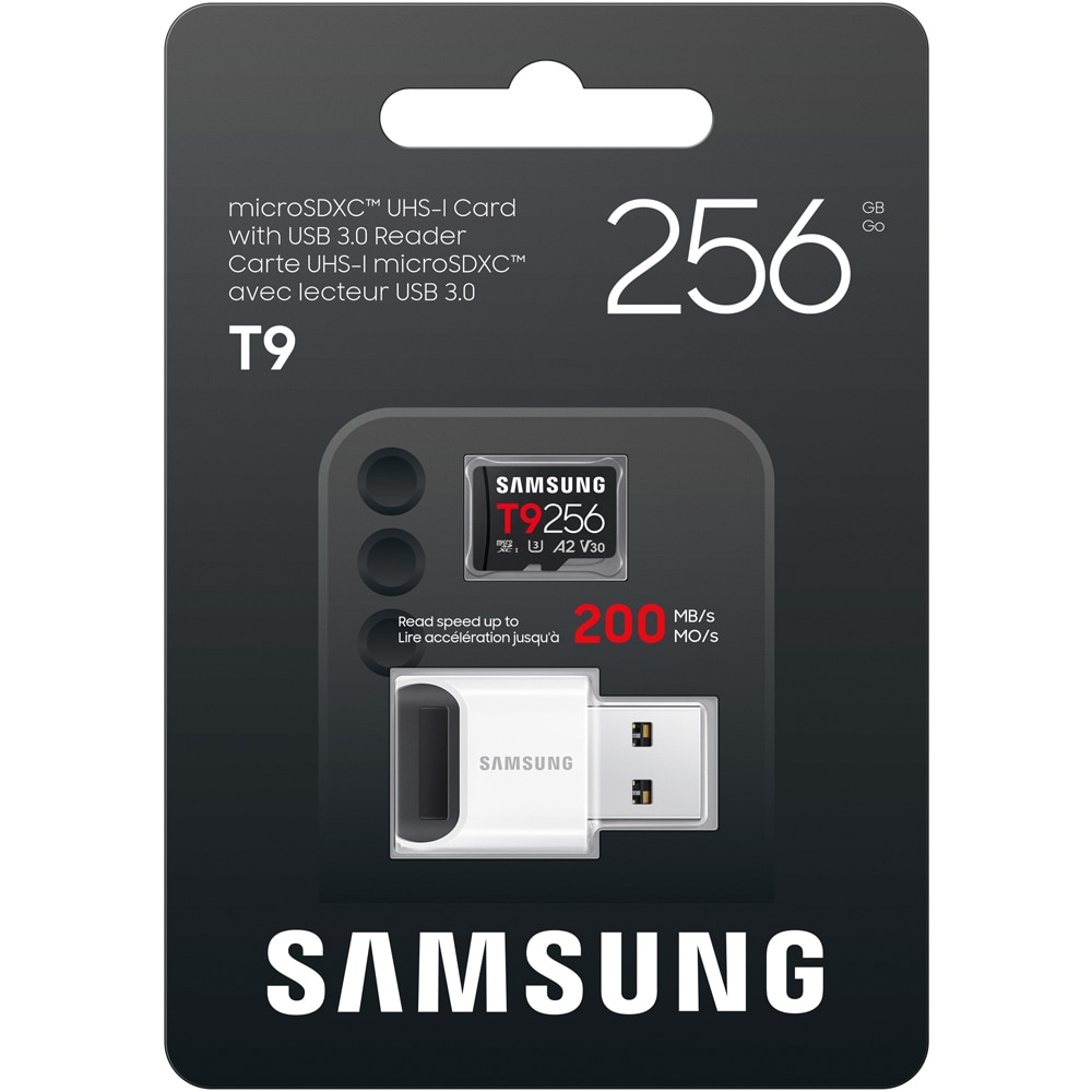 Card de memorie SAMSUNG T9, microSDXC, 256GB,200MB/s, clasa U3, V30, A2, adaptor
