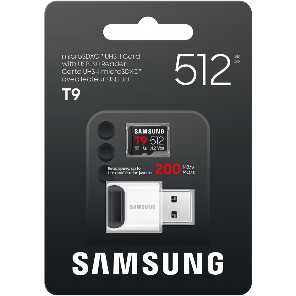 Card de memorie SAMSUNG T9, microSDXC, 512GB,200MB/s, clasa U3, V30, A2, adaptor