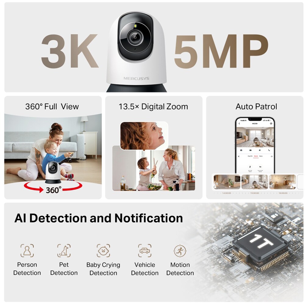 Camera IP Wireless interior MERCUSYS MC230, 3K 1620p, IR, Night Vision, alb