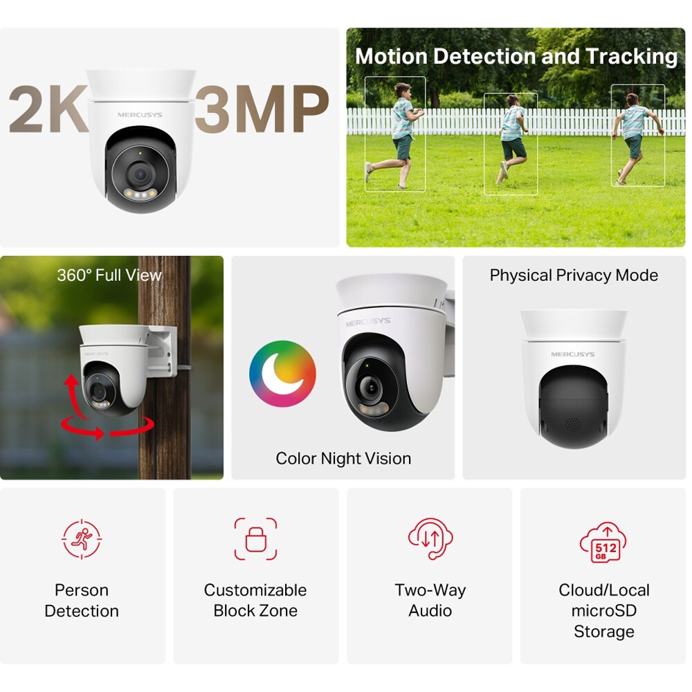 Camera IP Wireless MERCUSYS MC510, 1296p, IR, Night Vision, alb