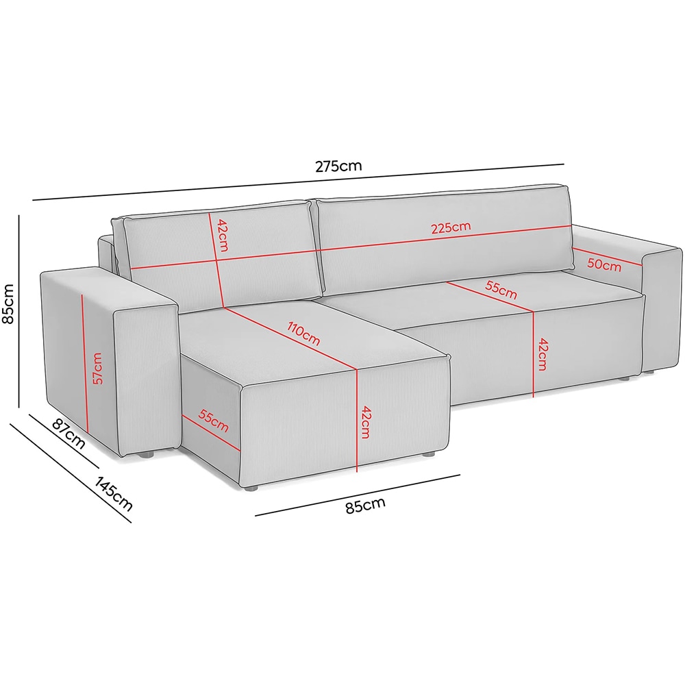 Coltar extensibil Cloud, 3 locuri, lada depozitare, 275 x 85 x 145 cm, caramiziu