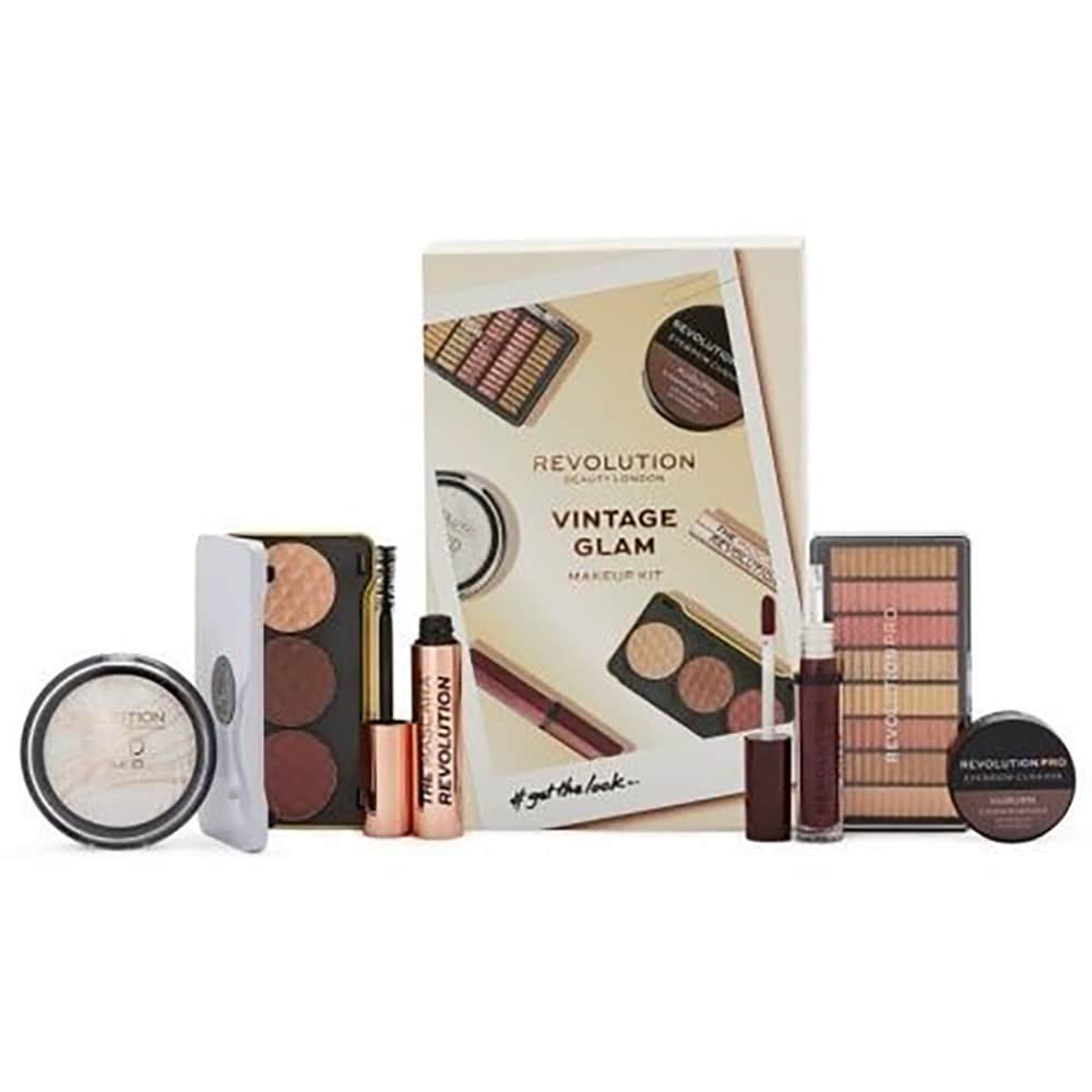 Set machiaj MAKEUP REVOLUTION Vintage Glam: Paleta farduri Supreme Eyeshadow Palette Bewitch, 8g + Fard de obraz, 2.2g + Mascara Revolution V5, 12ml + Fard sprancene, 2.2g + Iluminator, 7.5g + Luciu de buze, 3.5ml