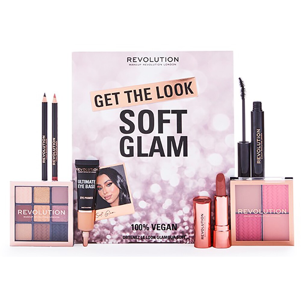 Set machiaj MAKE UP REVOLUTION Soft Glam: Paleta farduri, 0.9g + Fard de obraz, 4g + Creion de ochi, 1.15g + Baza de machiaj, 15ml + Mascara, 8g + Ruj, 3.5g + Creion de buze, 1.15g