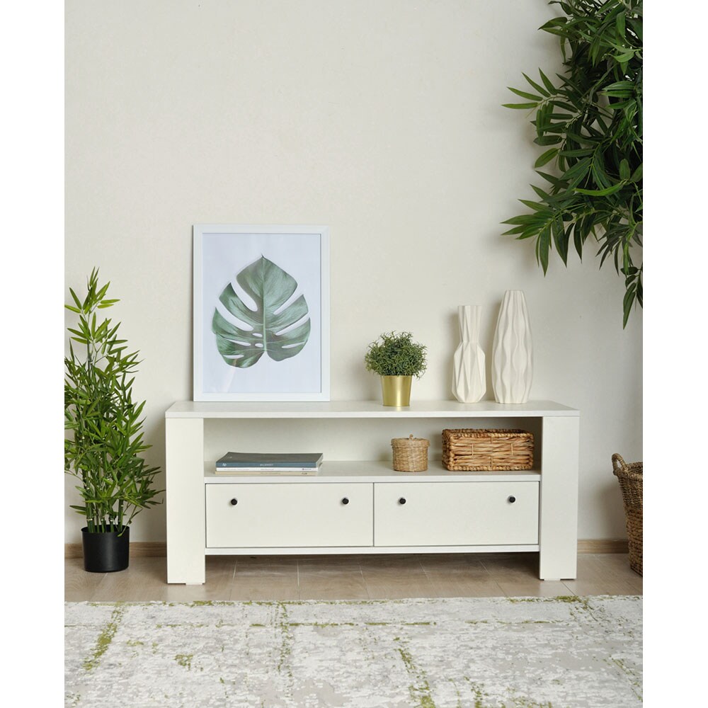 Comoda TV Belford, frasin alb, 120.5 x 50 x 42.5 cm