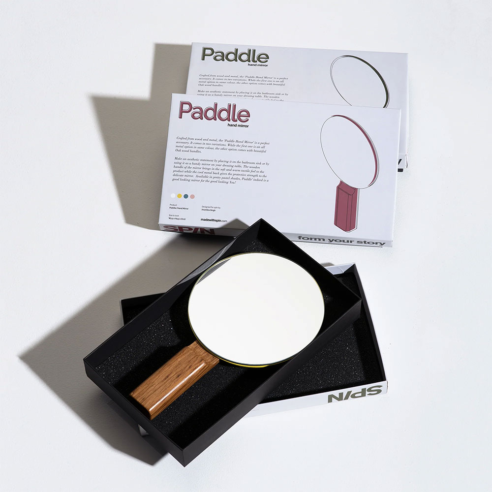 Oglinda cosmetica SPIN Paddle Vanity, 15 x 25 cm, Lemn, galben