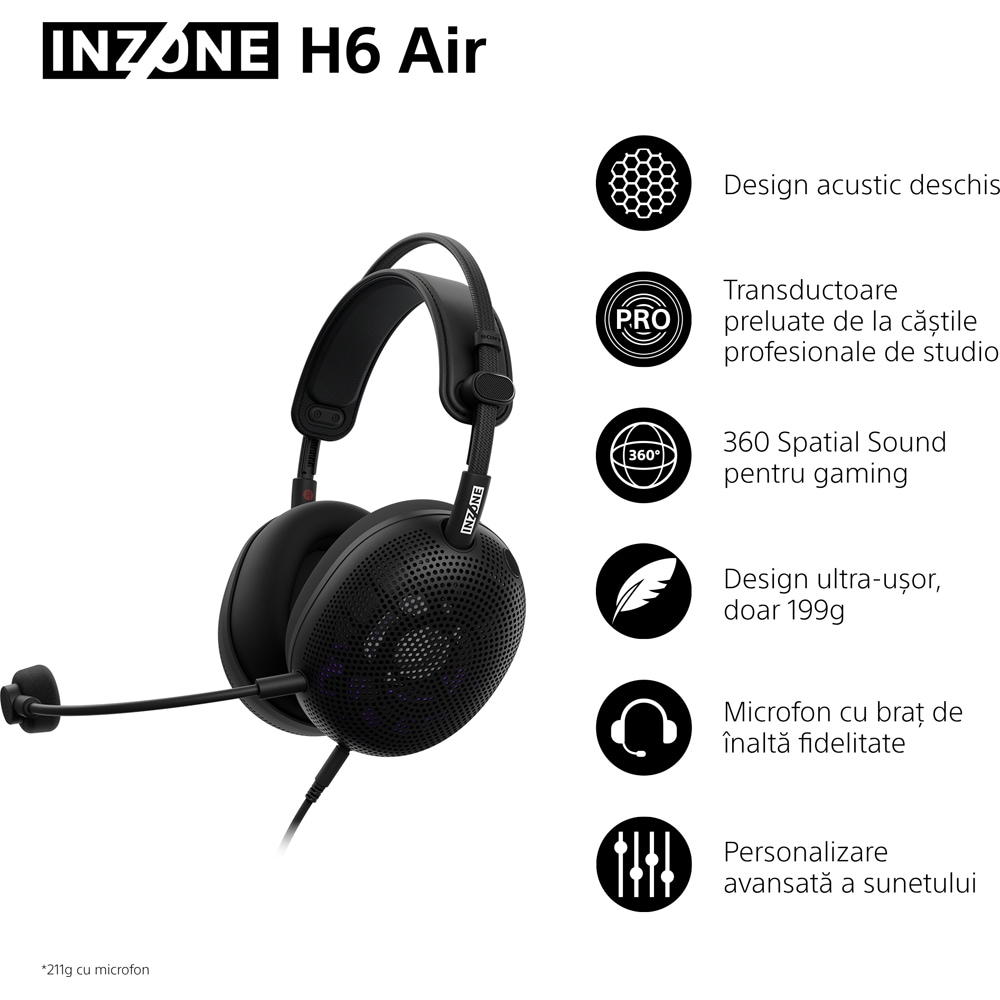 Casti Gaming SONY INZONE H6 Air MDR-G600B, 7.1, multiplatforma, 3.5mm, negru