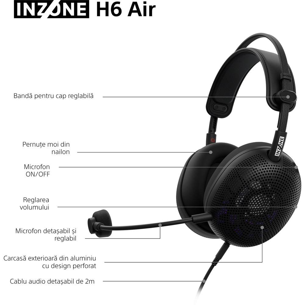 Casti Gaming SONY INZONE H6 Air MDR-G600B, 7.1, multiplatforma, 3.5mm, negru