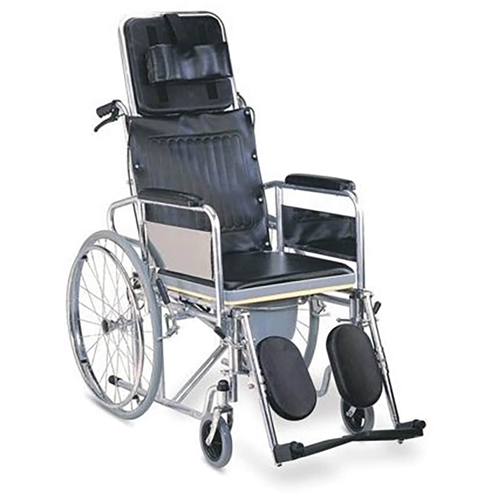 Scaun cu rotile cu vas de toaleta BEST M 609GC, sezut 46 cm, greutate suportata 100 kg, piele ecologica, negru-argintiu