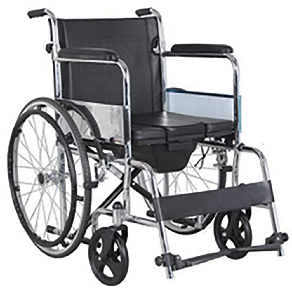 Scaun cu rotile cu vas de toaleta decupat BEST M 608F-46U, sezut 46 cm, greutate suportata 100 kg, piele ecologica, negru-argintiu