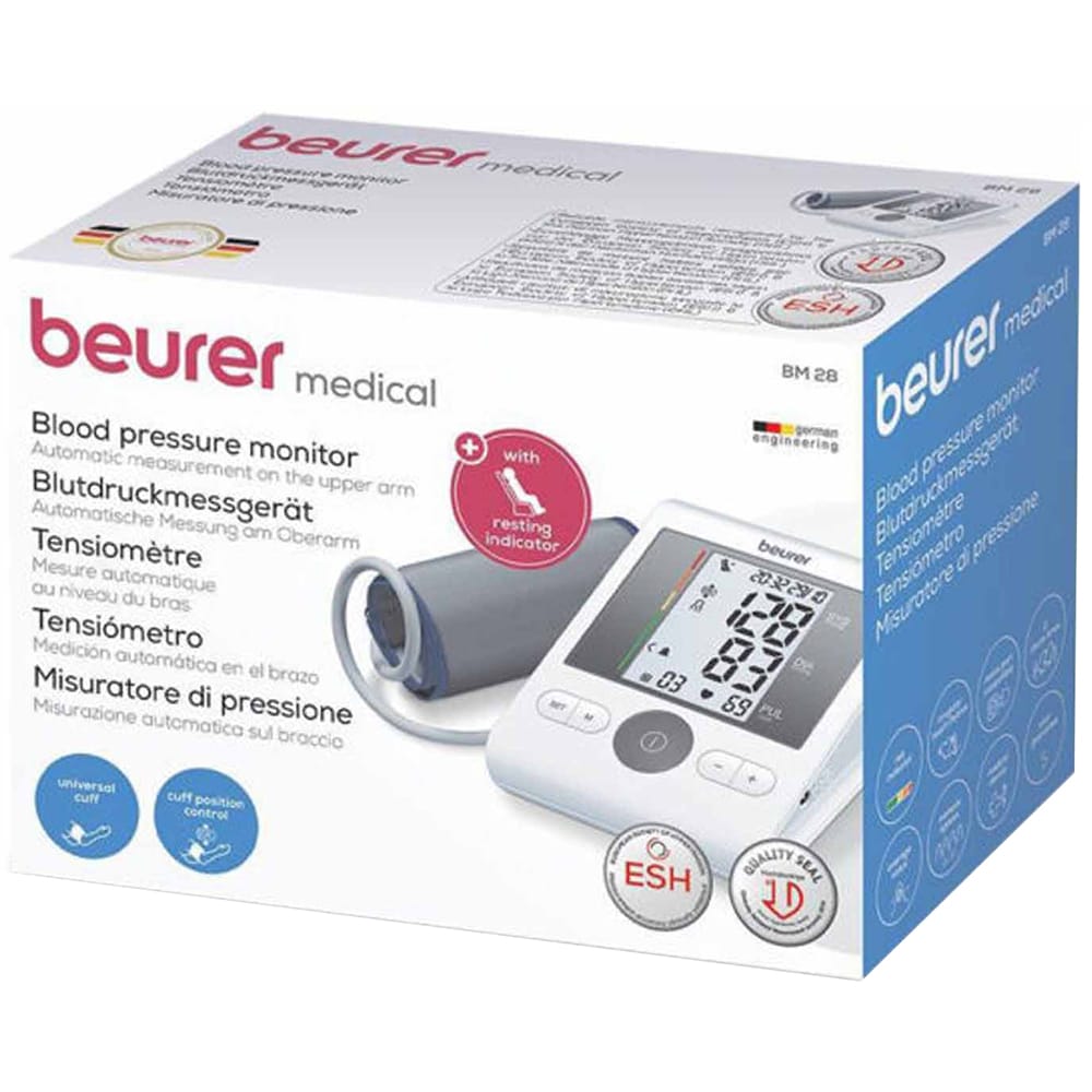 Tensiometru digital de brat BEURER BM28, 4 utilizatori x 30 memorii, adaptor, alb