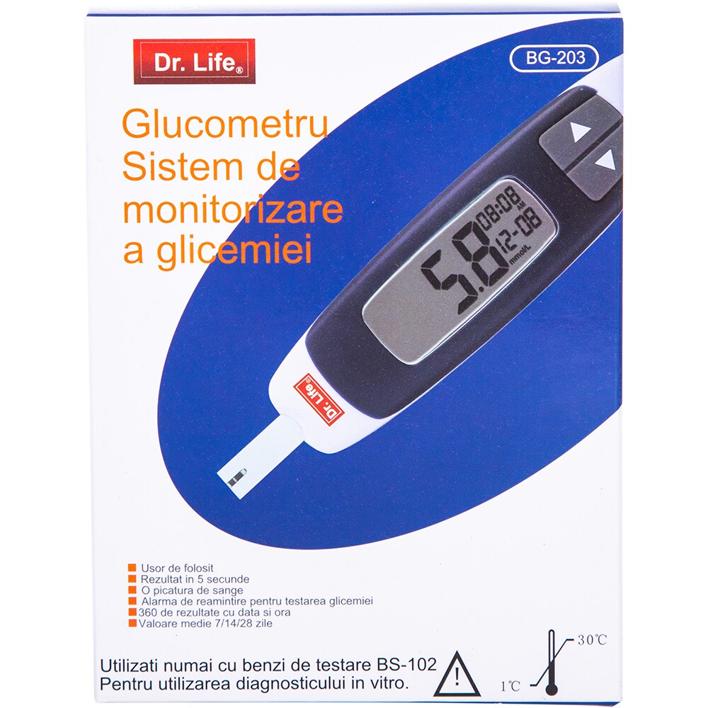 Glucometru DR. LIFE BG203, 10 ace, 480 memorii, negru
