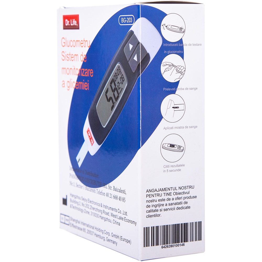Glucometru DR. LIFE BG203, 10 ace, 480 memorii, negru