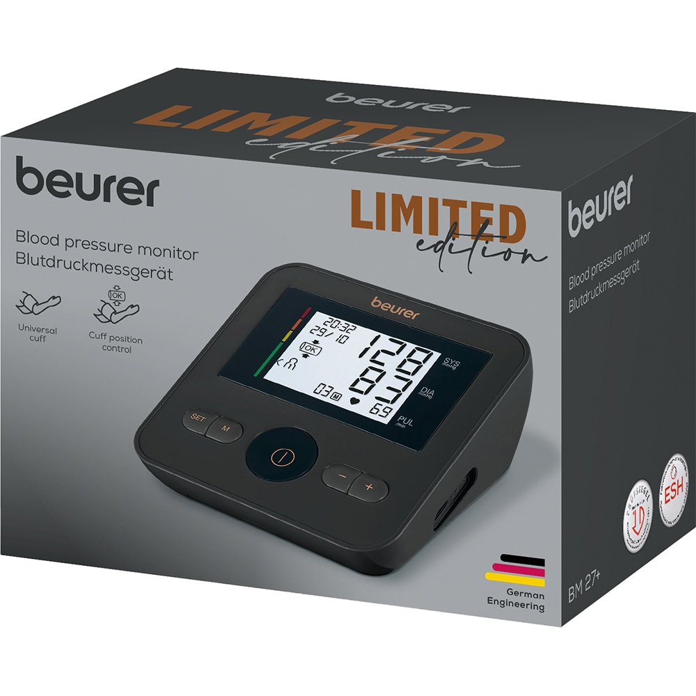 Tensiometru digital de brat BEURER BM27 limited edition, 4 utilizatori x 30 memorii, negru