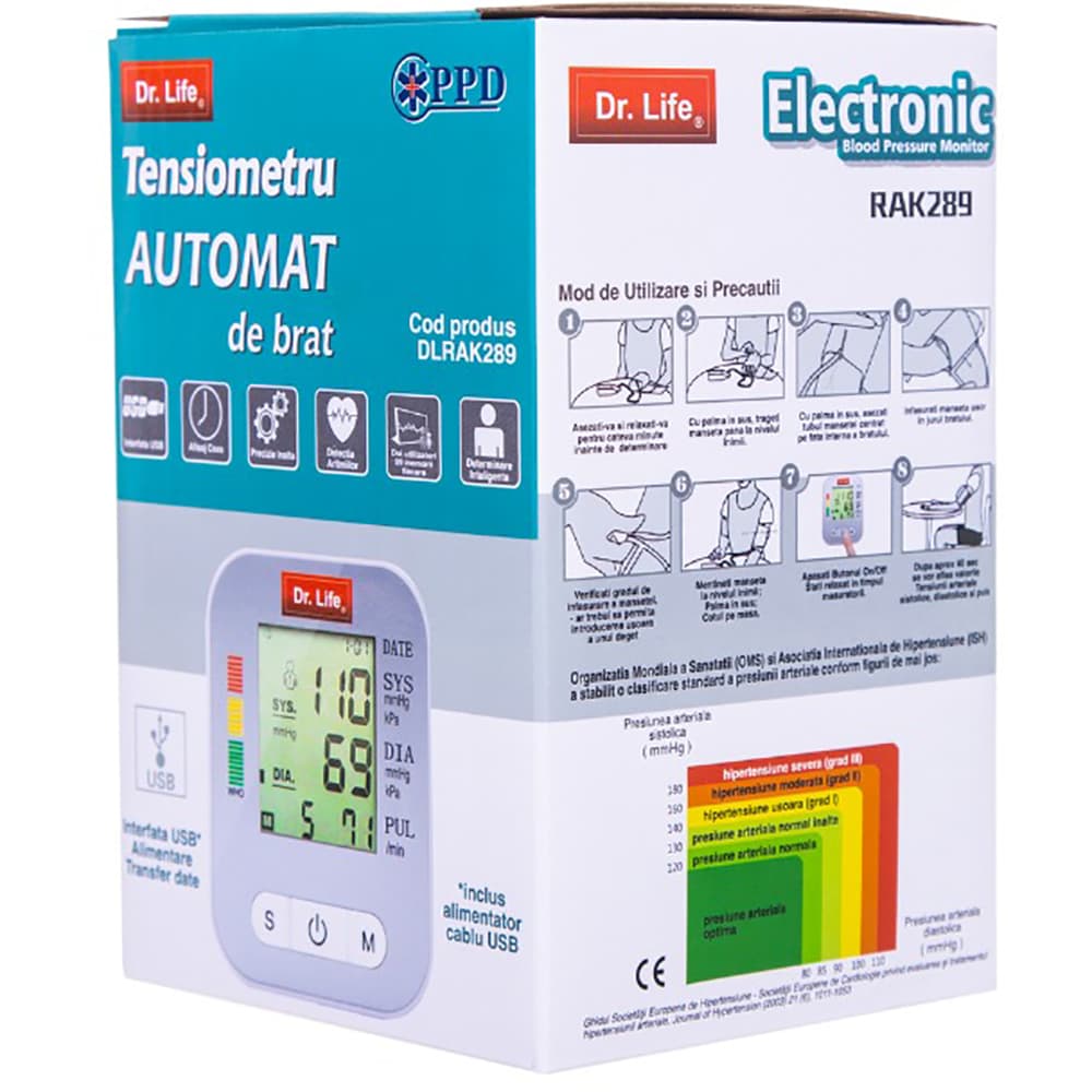 Tensiometru digital de brat DR. LIFE DLRAK289, 2 utilizatori x 99 memorii, alb
