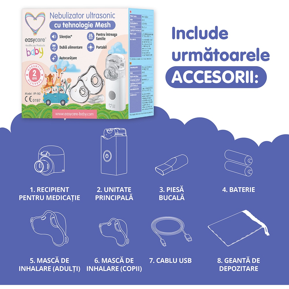 Aparat de aerosoli cu ultrasunete EASYCARE EASY00092, 8ml, alb-albastru