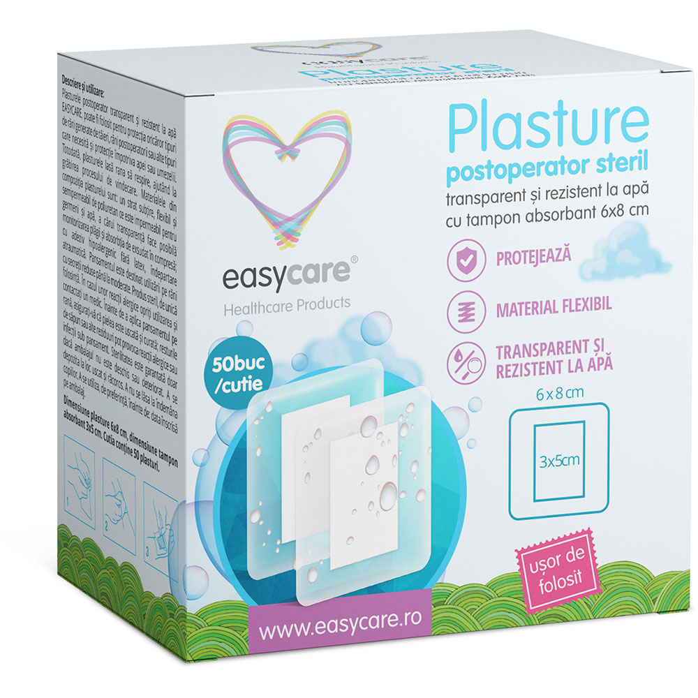 Plasture postoperator steril, transparent si rezistent la apa EASYCARE, 6x8cm, 50buc