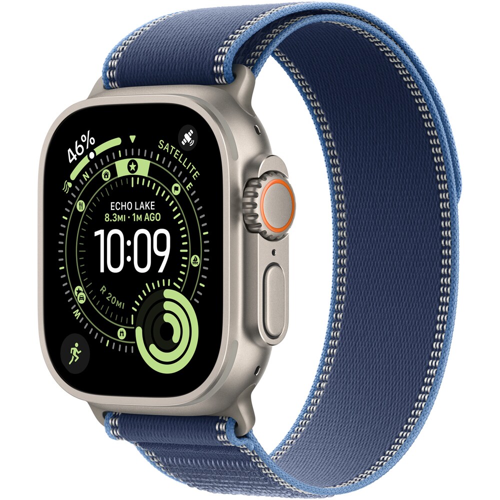 Bratara pentru APPLE Watch 49mm Blue/Bright Blue Trail Loop - S/M - Natural Titanium Finish, MFT64ZM/A
