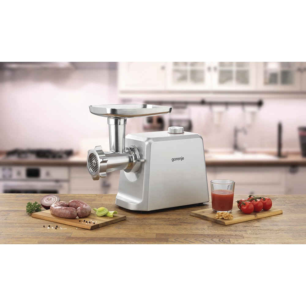 Masina de tocat carne GORENJE MG2502SJX, 2.4kg/min, 2500W, accesoriu carnati/suc de rosii/biscuiti, argintiu-alb