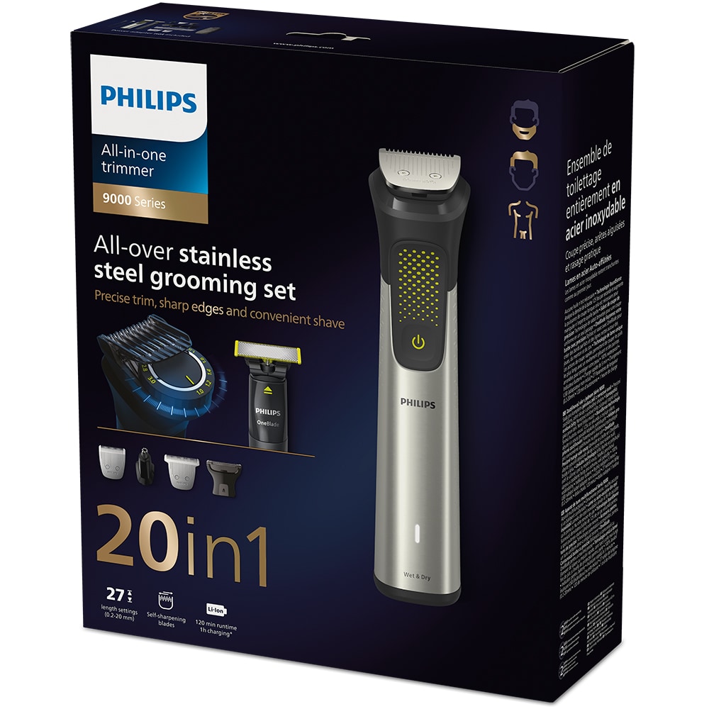 Aparat de tuns multifunctional 20 in 1 PHILIPS Multigroom Series 9000 MG9555/15, acumulator, autonomie 120 min, gri metalic