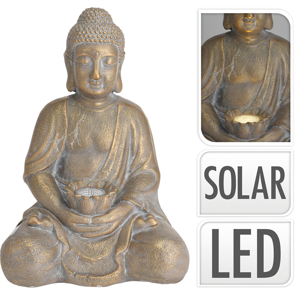 Decoratiune gradina Buddha, incarcare solara, 31.5 x 27 x 44 cm, auriu