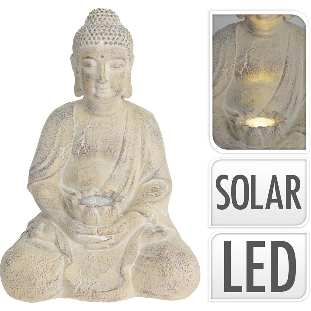 Decoratiune gradina Buddha, incarcare solara, 31.5 x 27 x 44 cm, crem