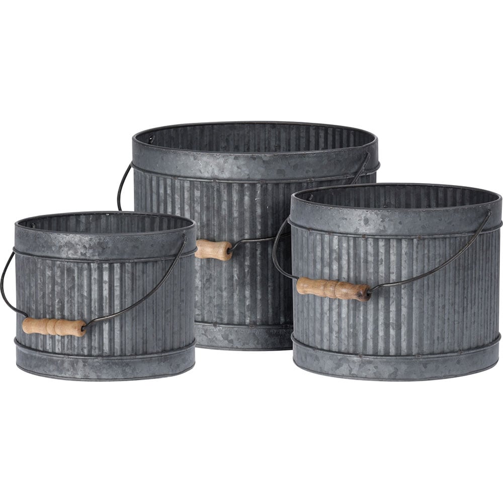 Set 3 ghivece flori KI FZ3000920, metal-lemn, D 25 cm, D 22 cm, D 19 cm, gri cenusiu