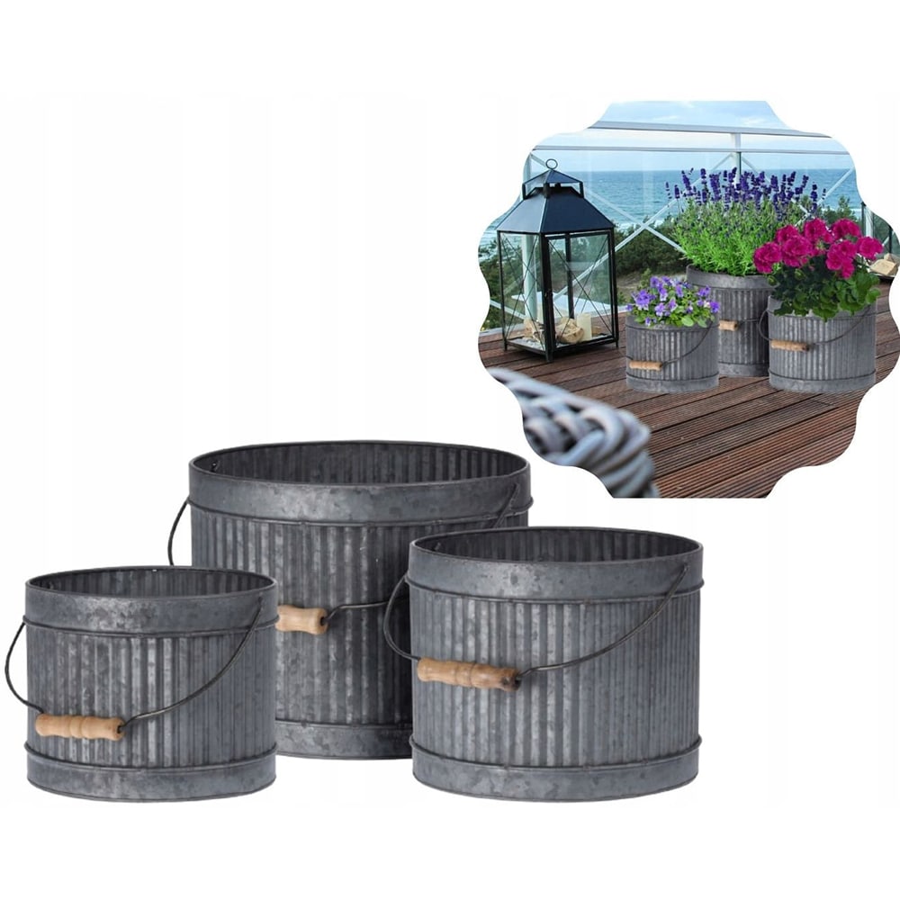 Set 3 ghivece flori KI FZ3000920, metal-lemn, D 25 cm, D 22 cm, D 19 cm, gri cenusiu