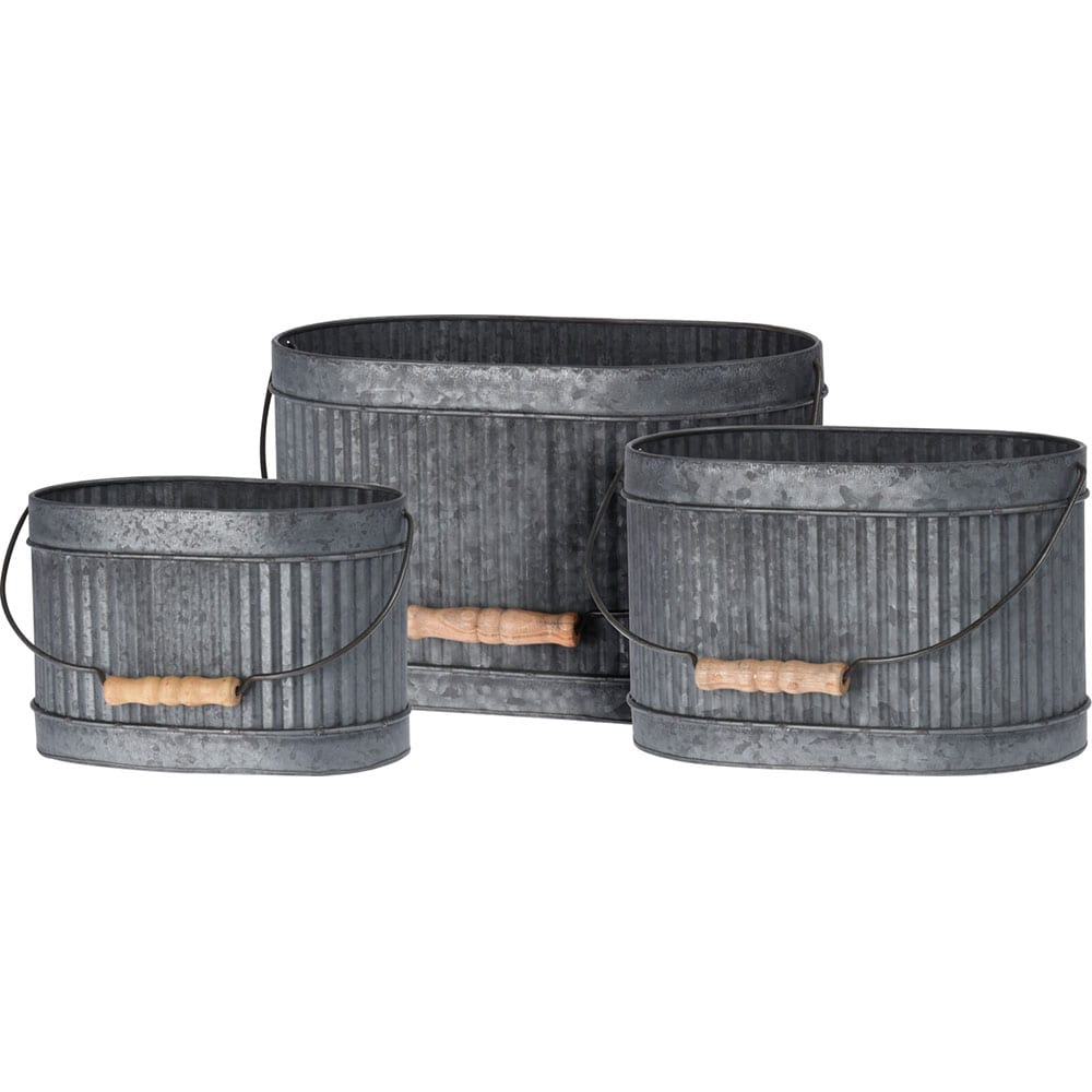 Set 3 ghivece flori KI FZ3000930, metal-lemn, D 26 cm, D 22.5 cm, D 19.5 cm, gri cenusiu