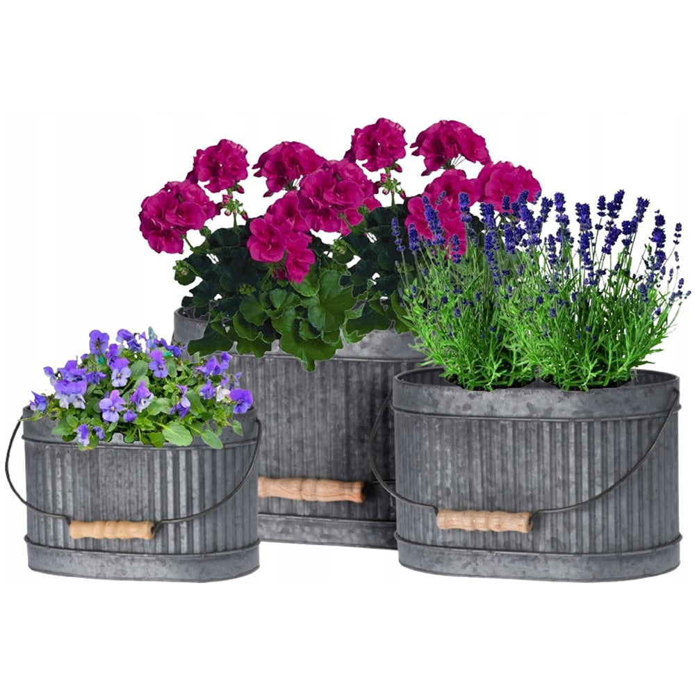 Set 3 ghivece flori KI FZ3000930, metal-lemn, D 26 cm, D 22.5 cm, D 19.5 cm, gri cenusiu