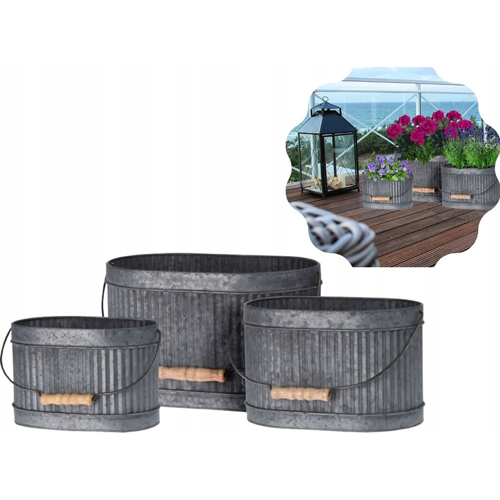 Set 3 ghivece flori KI FZ3000930, metal-lemn, D 26 cm, D 22.5 cm, D 19.5 cm, gri cenusiu