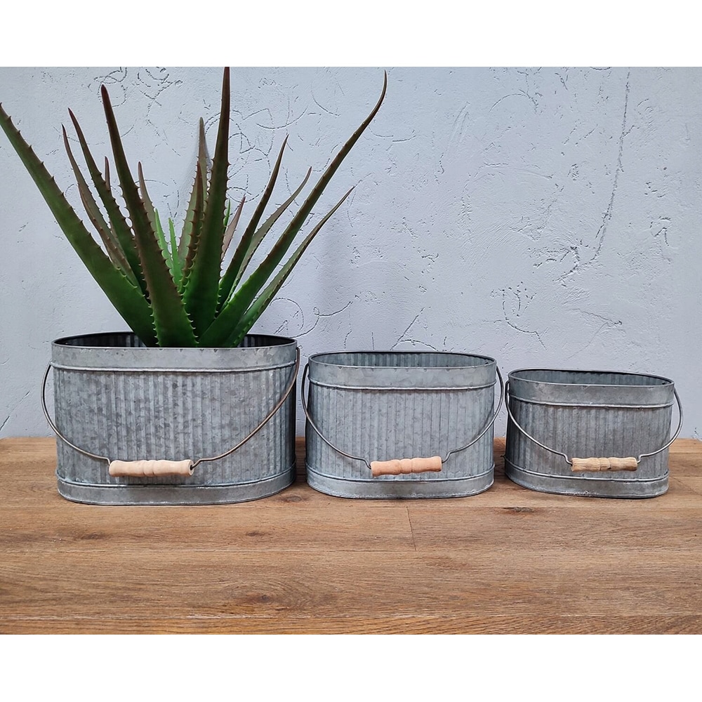 Set 3 ghivece flori KI FZ3000930, metal-lemn, D 26 cm, D 22.5 cm, D 19.5 cm, gri cenusiu