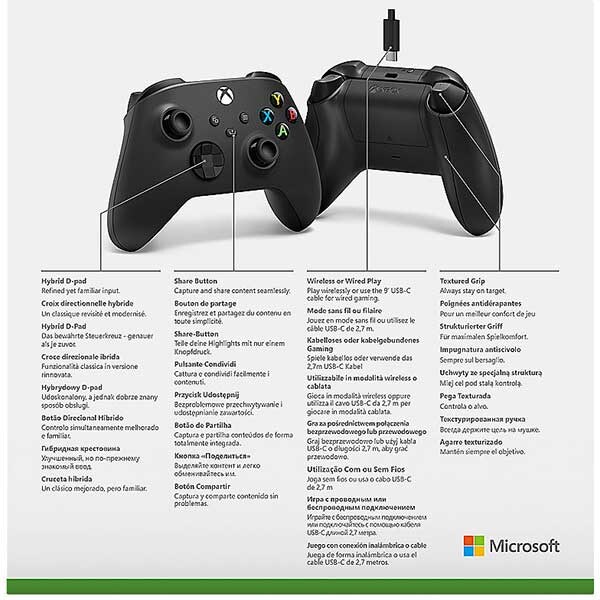 Controller wireless MICROSOFT Xbox Series X, Carbon Black + cablu USB Type C 