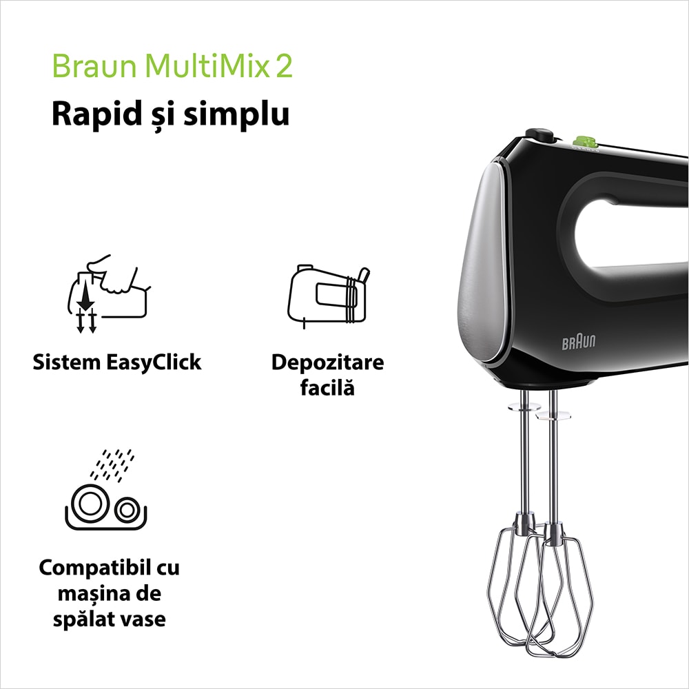 Mixer de mana BRAUN MultiMix 2 HM2110BK, 500W, 4 trepte viteza, negru
