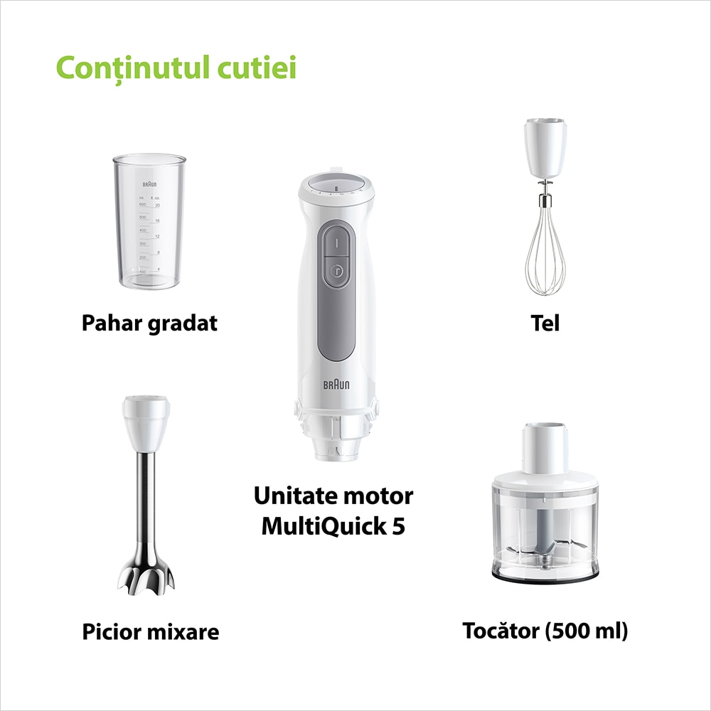 Mixer vertical BRAUN MQ50236M, 0.6l, 1000W, 21 trepte viteza, alb-gri